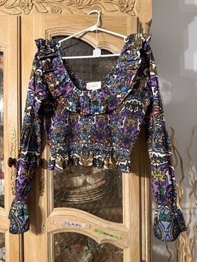 Cleobella Floral Smocked Ruffle Long-Sleeve Top in Purple Multi